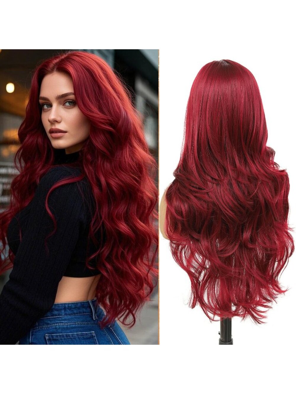 Women's Burgundy Heat Resistant Synthetic Layered Modern Long Wavy Wigs